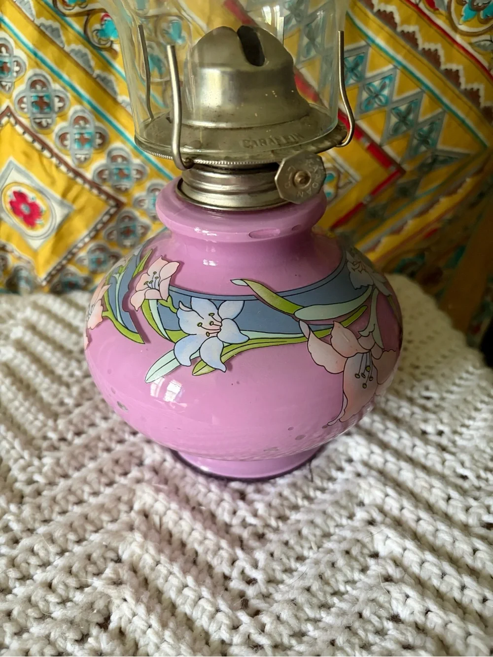 Vintage Kaadan Pink Floral Glass Oil Lamp with Chimney - Home Accent